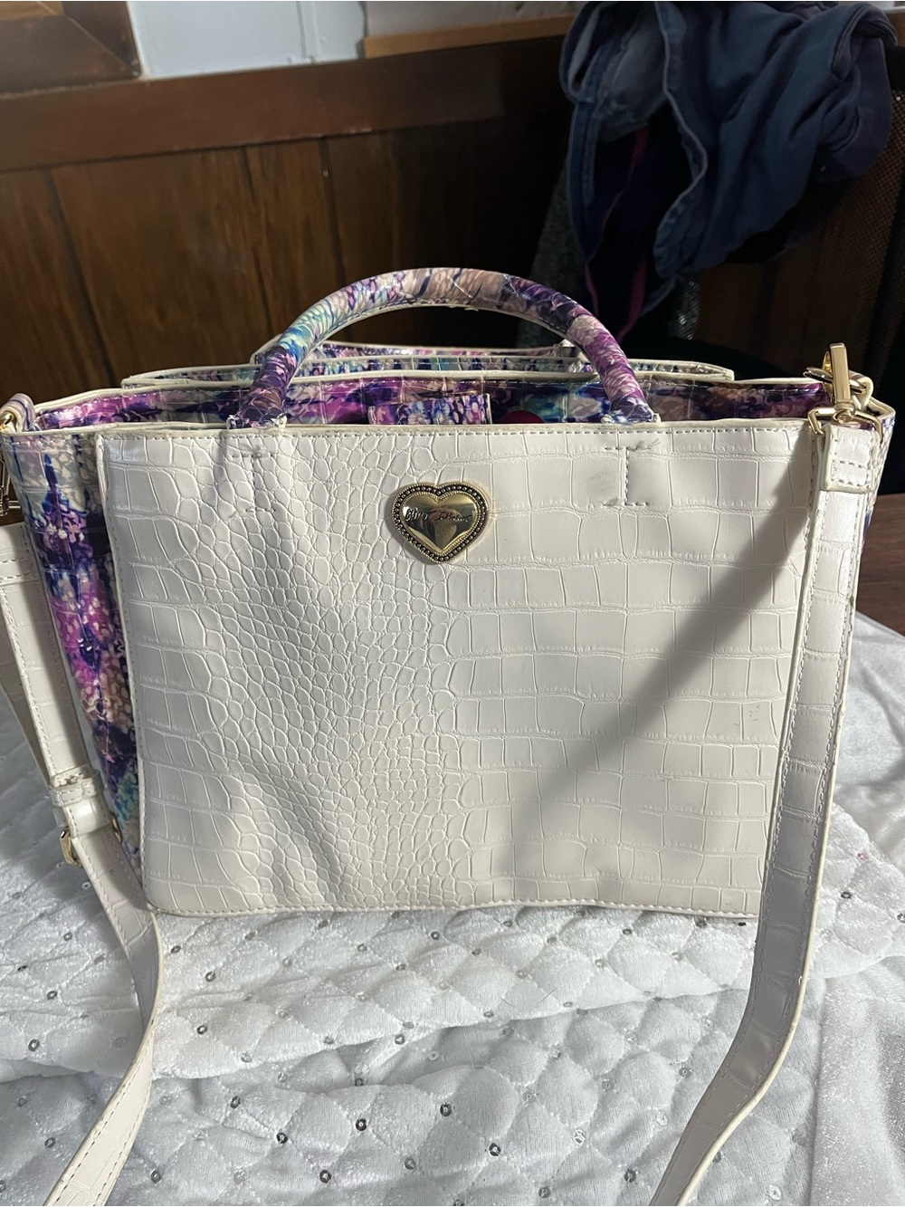 Betsey Johnson White Croc-Embossed Satchel with Purple Floral Trim